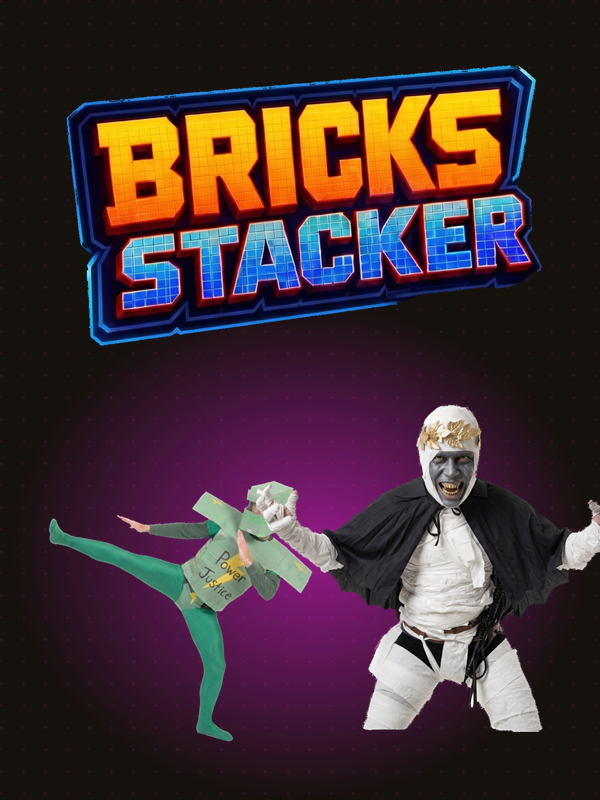 Bricks Stacker — key art with hero Power Justice facing villain Lord Hellington